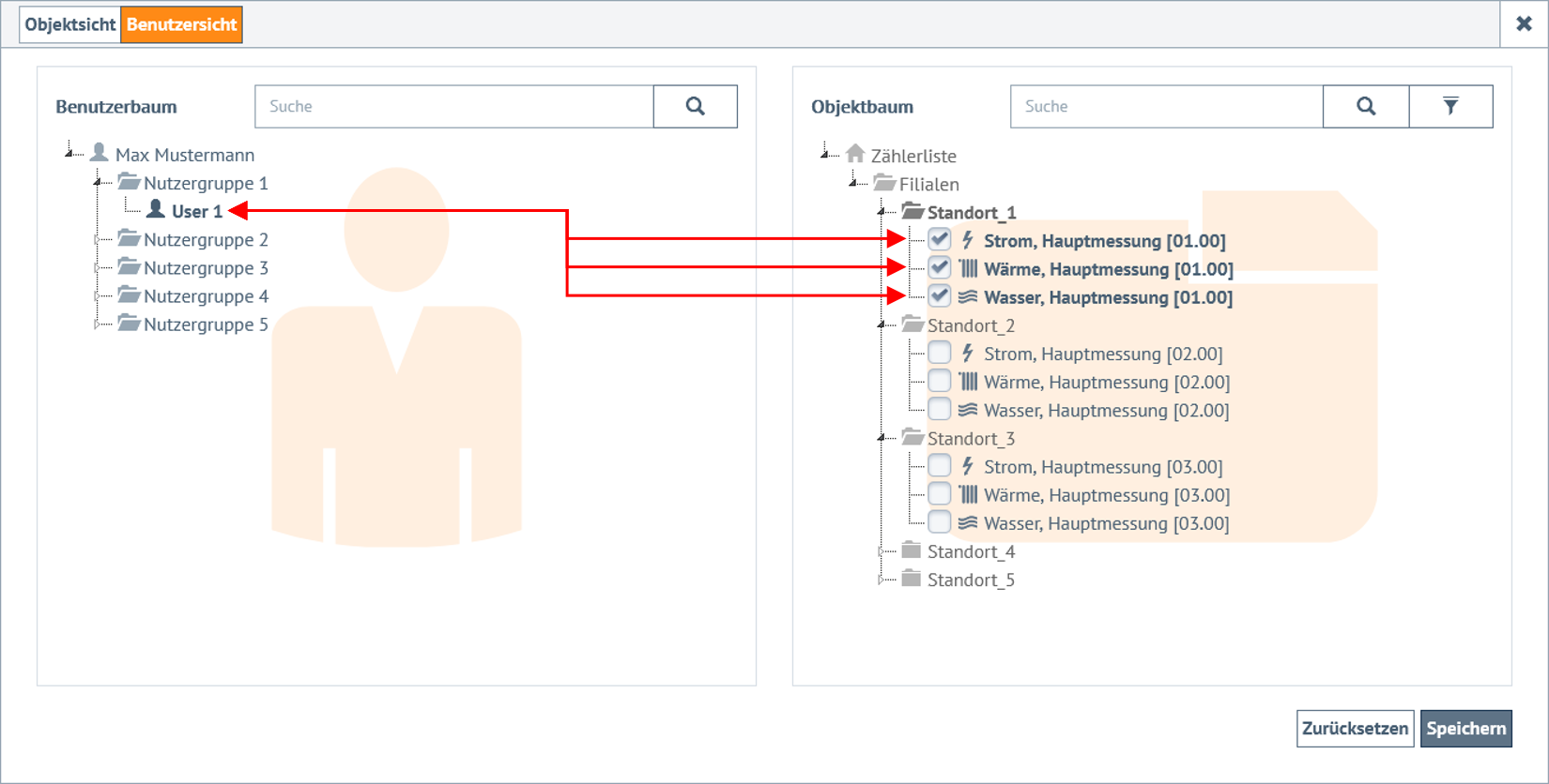 Vergabe von Leseberechtigungen an einen im Benutzerbaum ausgewählten Nutzer